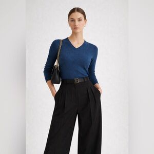 SISLEY - Teal V-Neck Slim Fit Sweater | Wool Blend Fitted Knit | Minimalist